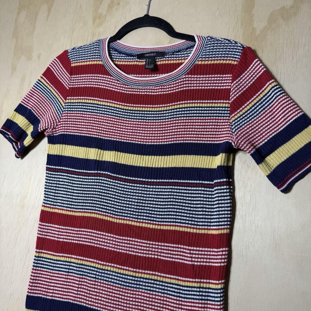 Forever 21 Ribbed Knit Midi Dress Large Striped Bodycon Short Sleeve - Picture 2 of 7
